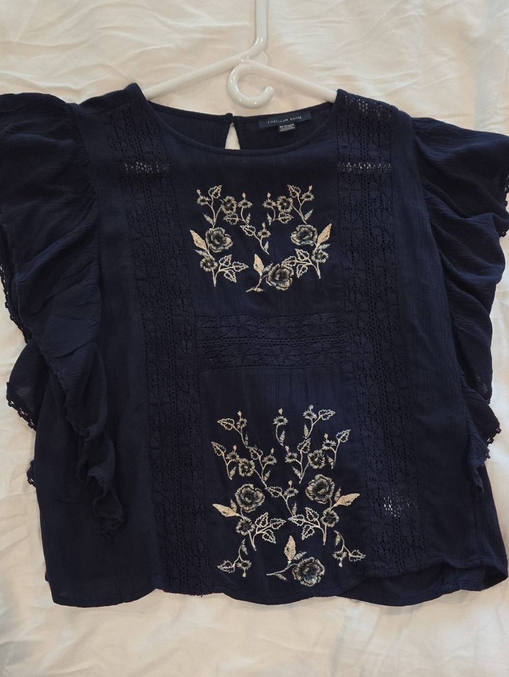 American Eagle Outfitters Navy Embroidered Ruffle-Sleeve Blouse